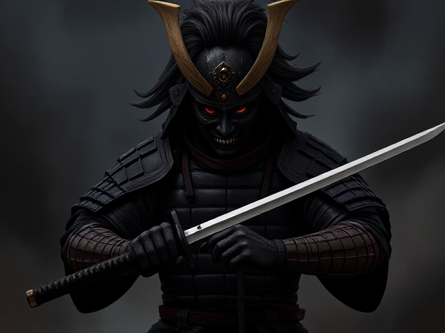 A naruto art style image of a dark, menacing samurai warrior in full battle armor stands ready, gripping his katana with both hands. His helmet has long, flowing hair and sharp, angular horns. The samurai’s face is hidden behind a fearsome mask with glowing red eyes. The background is shadowy and atmospheric, creating an ominous and intense mood. The image should be stylized in dark, gritty tones, with a focus on the samurai's details, including worn armor and the menacing aura around him.
