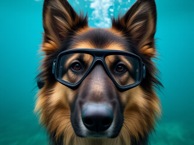 Long haired German shepherd freediving goggles