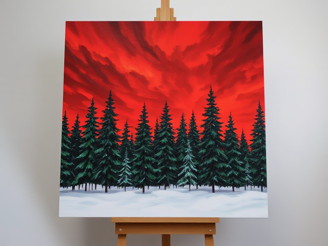 Blood red sky, green trees, white snow painting on a stand with good lighting