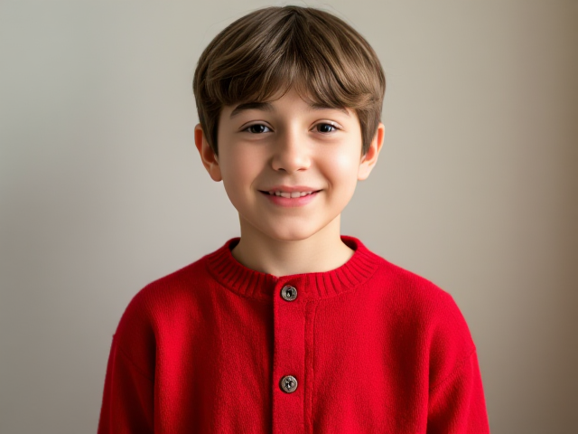 A portrait of a boy named Terrance wearing a red sweater, with medium-length hair. He is standing in soft natural light, friendly expression, realistic style. he is a teenager with a big nose and some button on the face