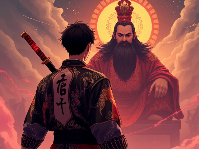 A man with short black hair holds a magical glowing red and black Chinese-style straight short katana in his right hand. He wears intricately designed traditional Chinese mythology clothing, featuring elaborate patterns and vibrant colors. A distinct black tattoo of a Chinese symbol is on the back left side of his neck. He stands facing away, gazing at the towering figure of Shangdi, the supreme god with long flowing black hair and a thick long black beard, who sits cross-legged before him. The scene is illustrated in a detailed and vibrant anime style with dynamic lighting and vivid contrasts.