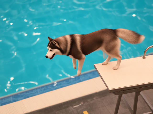 A anthropomorphic Siberian husky wearing a sport swimsuit preparing to dive off a springboard into the swimming pool below