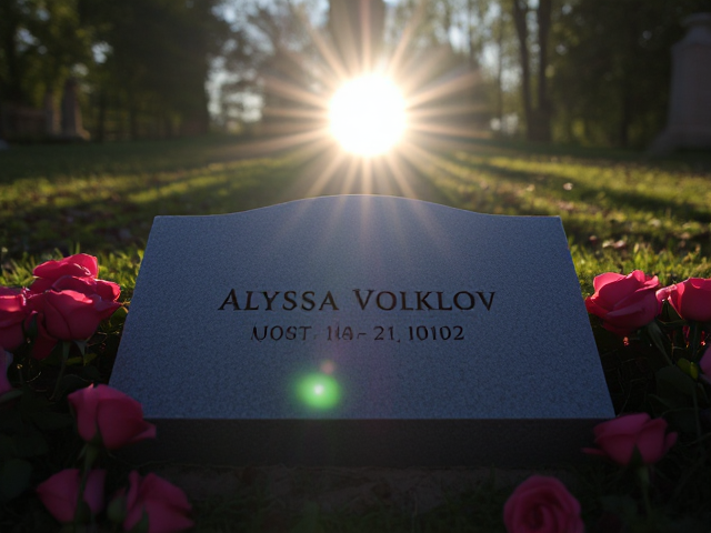 A grave that has the name 'Alyssa Volklov' engraved on it with roses surrounding it