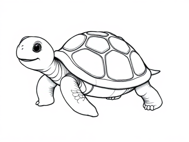 A high-quality, clear sketch of a happy cartoon-style turtle with clean and bold outlines. The turtle is in a full body view and is set against a plain white background. The image is designed for a children's coloring book and has no shading or colors. The lines are smooth and continuous, and there are no shadows.