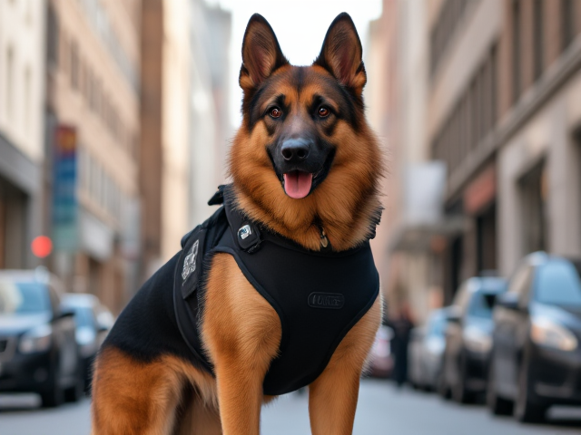 Anthropomorphic German shepherd police dog wearing a leotard, standing confidently in a city street, detailed fur texture, vivid colors, realistic lighting