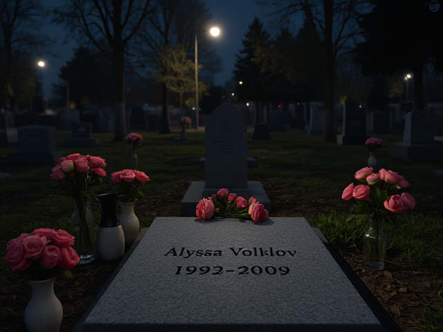 A grave that has the name 'Alyssa Volklov 1993-2009' engraved on it with roses in vases surrounding it at night with other graves (cemetery)