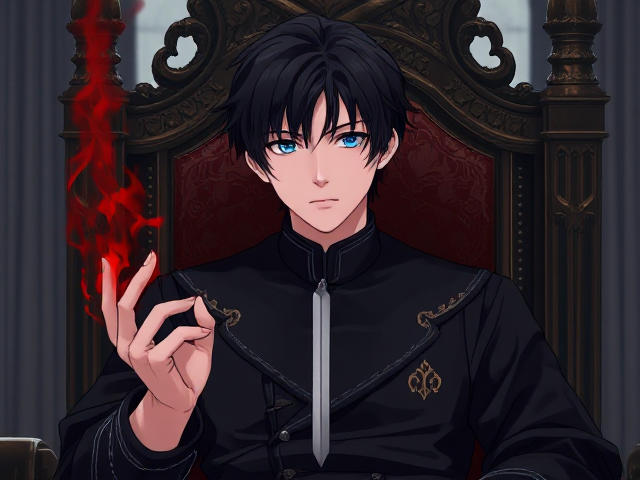 A young adult male with messy black hair and blue eyes sitting in a throne in a kingdom, his left hand has dark blood red, black flames coming from it and in his right hand is a small short sword, he is wearing a naval style all black with gold badge on it clothes, anime