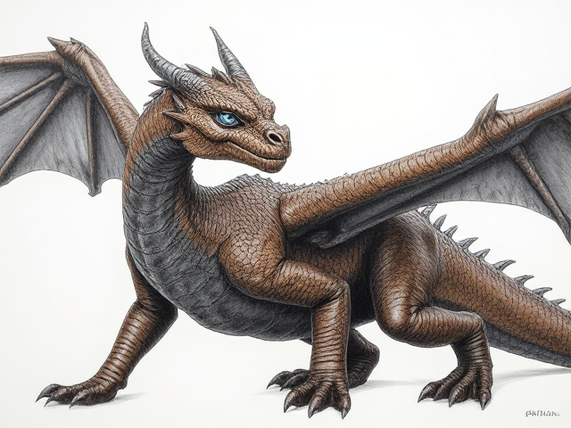 Female dragon with leather brown scales and dark midnight-black wings; obsidian black underbelly and dark brown clawed feet. She has a deep, jagged scar crossing the left side of her face from her eye down to her nose, alongside small yet numerous battle marks and scratches. Her eyes are ice blue. Narrow, beautiful face and an elegantly long neck. Has ears like a horse. Powerfully and dominantly built with taut muscles under her scales. She moves purposefully and proudly; has an expression of hope in her face