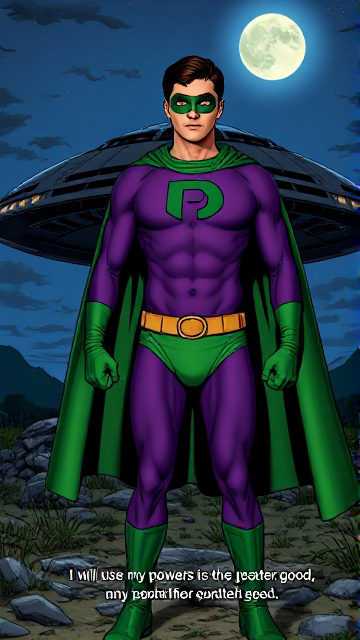 Dramatic Comic Book scene: A young, Autistic 25-year old boy with light skin and flat, smooth, and slick brown hair with a singular curled bang in the shape of a P sticking out at the front named T.J. Granger, but transformed into a genetically-altered superhero named Powerman, who, despite still being a young adult kid, has an extremely muscular body. He wears a sleek purple bodysuit with a green P symbol on his chest, a golden belt with a circular buckle, green briefs, green boots, green long-cuffed gloves, a really big, toe-length long, ultra-wide green cape wreathed around his neck, and a green eye mask that protects his true identity and also causes his pupils to magically disappear as his eyes glow an eerie white. He also has incredible and invincible superpowers flowing through his veins. In this scene, Powerman is currently standing in front of a crashed alien mothership on the outskirts of a farm at night, ready for action as he prepares to take flight for the first time and fulfill his destiny. The subtitles at the bottom have Powerman say, "I will use my powers for the greater good, and defend this planet that I call home from any manner of harm that dares approach it."