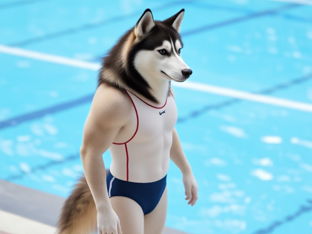 A tall ((anthropomorphic)) Siberian husky Olympic swimmer with a long torso  wearing a one piece swimsuit standing on the pool deck
