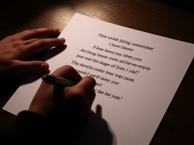 Generate an image of someone writing song lyrics on a white paper, cinematic lighting, ultra high res