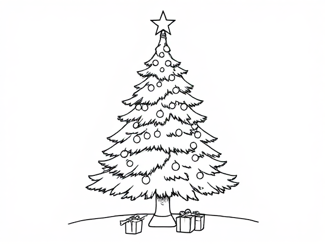Christmas tree, coloring book, cartoon stle, thick lines, no color, white background, only lines