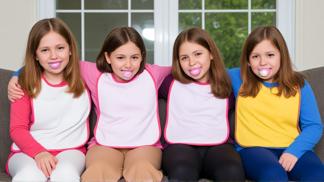 Quatre filles adolescentes aux cheveux lisses et dégagé et de différentes couleurs a l'avant assis dans un canapé avec des très grands bavoirs de différentes couleurs et des tétines en bouches elles sont en tee-shirts manches longues de différentes couleurs que les Bavoirs et avec des pantalons elle se font un gros câlin et il y a une grande fenêtre derrière le canapé