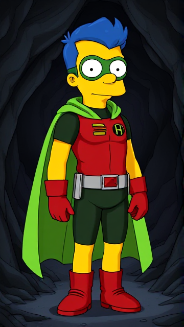 Cartoon scene: Milhouse Van Houten from The Simpsons, with his yellow skin, really big round nose, and blue hair that's slicked back and curled up at the top, but as a tall, 18-year old teenager, dressed as a parodied version of Robin, The Boy Wonder, with an extremely muscular body, wearing a dark green bodysuit with a red torso adorned with a small black circle with a light-green "H" symbol on his left pectoral, a silver utility belt with a red square buckle with silver pouches attached to it that hold all of his unique gadgets, red boots, red long-cuffed gloves, a really big, toe-length long, ultra-wide light-green cape wreathed around his neck held up by an inverted silver triangular button, and a light-green eye mask with optical lenses in it that protects his true identity, now known as Houseboy, The Nerd Wonder, the other half of Springfield's Dynamic Duo, and one of the greatest vigilante superheroes ever known in Springfield. In this scene, Houseboy is currently standing in a dark cavern, searching for a lost citizen that has been kidnapped.