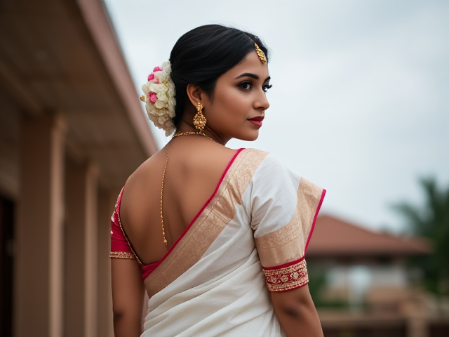 Indian young woman dressed in a white saree and gold traditional jewelry with her back turned. Modernized