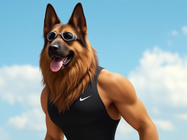 A tall anthropomorphic long haired German shepherd with a long torso and broad shoulders wearing a high cut Nike one piece swimsuit and swimming goggles