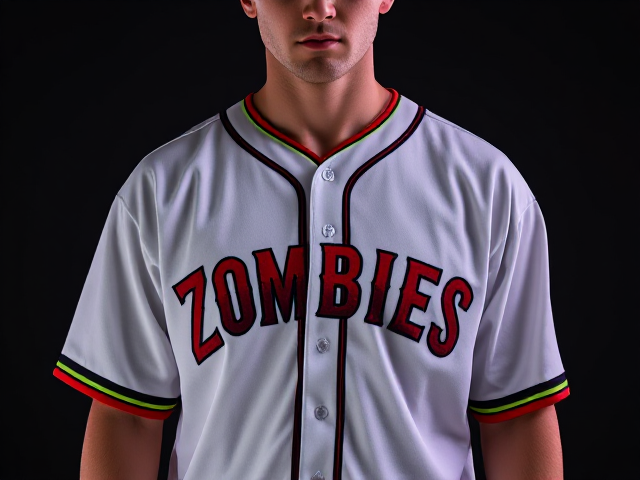 A white baseball jersey with Zombies across the front in red and black and neon green with red black and neon green piping around the neck and cuffs of the jersey