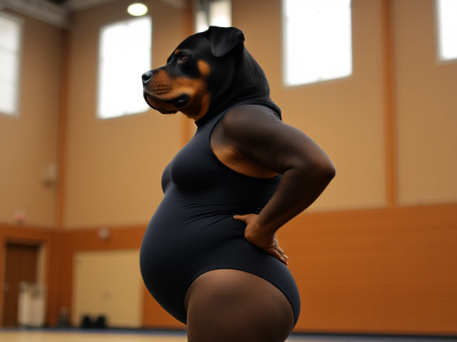A anthropomorphic Rottweiler with large hips wearing a gymnastics leotard in a gymnasium