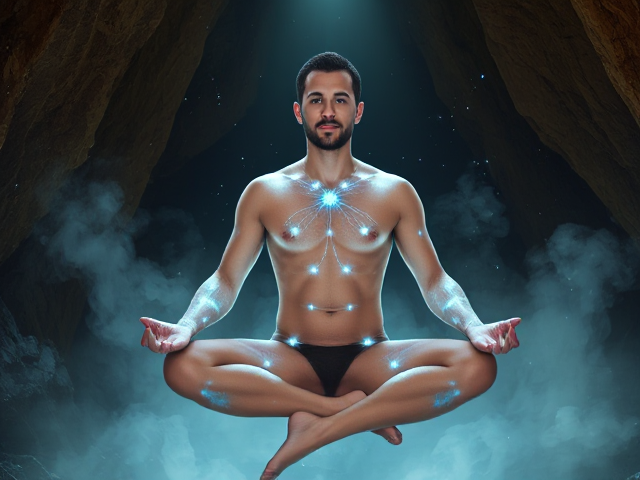 Homme torse nu en lévitation avec des lumières vibrant le long des méridiens chinois, corps iridescent et légèrement translucide montrant un réseau complexe de lumière intérieure. Il est assis les jambes croisées dans une ambiance mystique et lumineuse, mettant en avant l'énergie vitale et la spiritualité. Décor d'une grotte avec des cristaux scintillants en arrière-plan, accompagnée d'une douce brume accentuant l'atmosphère spirituelle. Détails fins des muscles illustrant une harmonie entre le physique et le spirituel