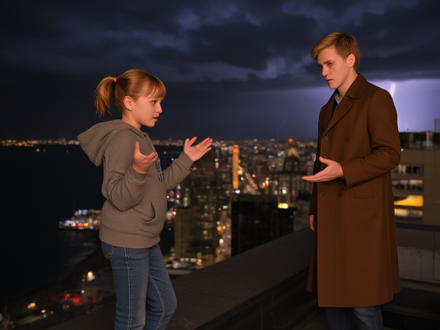 A petite 13-year-old girl with strawberry blonde hair in a ponytail, wearing a hooded pullover and jeans, is standing on the roof ledge of a night club. Next to her on the roof, standing nearby is a modern-day, pale skinned vampire in his late twenties, with blonde hair, dressed in a brown trench coat and jeans. He appears uneasy as he looks at her, holding his hands out and palms up, taking a step back. The girl gestures angrily at him with her hands, flailing her arms and with a scowl on her face. at him in frustration. A thunderstorm approaches the cityscape from the sea shore. Set at night. The girl has a cut in her forehead.