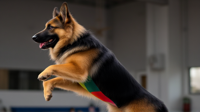 Long-haired German Shepherd in a colorful leotard performing gymnastics, indoor setting, dynamic pose, focused expression, detailed fur and fabric textures