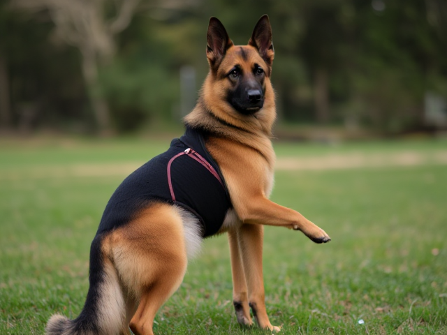 A German shepherd wearing a leotard that highlights her hips
