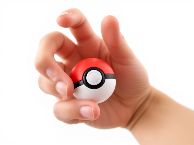 A realistic human right hand with a portion of the forearm visible, extended forward as if holding and presenting an object. The hand is in a grabbing pose, firmly grasping a small Pokémon ball (Poké Ball) that matches the size of the hand. The skin texture should be natural and detailed, with soft lighting and a clean white background. The perspective should show the hand and arm coming from below or slightly at an angle, focusing on the hand and ball