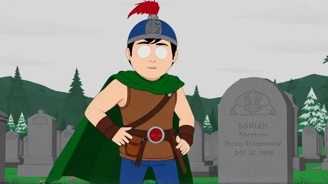 Dramatic Cartoon scene: Stan Marsh from South Park, light skin and black hair, but as a 14-Year Old teenager with a muscular torso, dressed as a medieval warrior, wearing a light brown tank top, a black belt with a red buckle adorned with a castle emblem with brown pouches and the scabbard for his enchanted sword attached to it, blue jeans, steel armored boots, jeweled wrist cuffs, a really big, heel-length long, ultra-wide green cape held up by two silver buttons with red jewels with a strong unbreakable wire connecting them both, and a blue helmet with buffalo emblems on both sides, outlined by silver steel rims going around and across the top, with a really long red feather sticking out at the top. He is now known as Sir Marsh. Despite still being a teenage kid, he is the Youngest Commander of the Zaronian Army, and one of the youngest and greatest heroes hailing from South Park, Colorado, but now reborn as the real life Kingdom of Kupa Keep, Zaron. The young teenage hero is currently standing in a graveyard, visiting the grave of his deceased grandfather, paying his respects while he wishes he could have seen the amazing hero he has become.