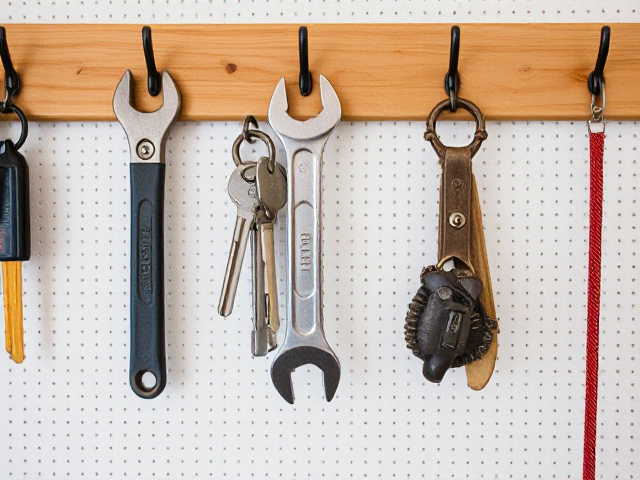 few tools like a wrench or keychain hanging from hooks