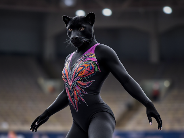 Black leopard wearing a vibrant gymnastics leotard, sleek and elegant design, dynamic pose, detailed fur texture, bright lighting, gymnastic arena background