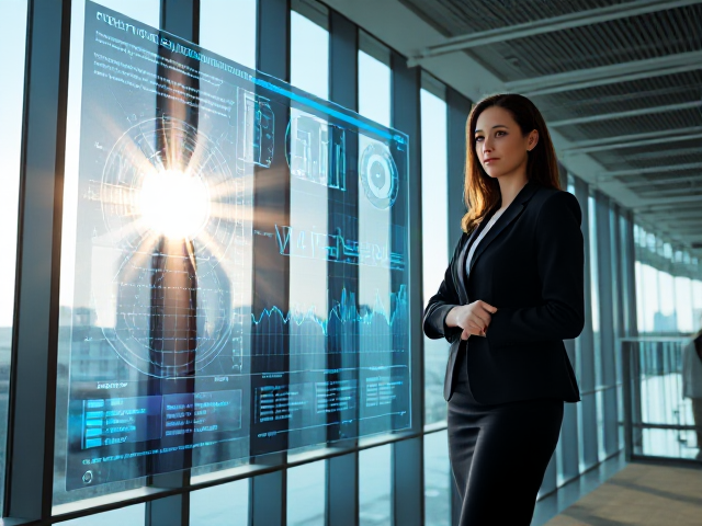 a businesswoman standing confidently next to a futuristic holographic screen displaying complex predictive analytics data, in a high-tech modern office with large glass windows showing a cityscape, hyper-realistic style, bright natural lighting with sun rays entering from the side, eye-level camera position