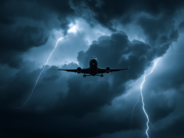 Create an intense and dramatic background for a thumbnail. The scene should feature an airplane flying in mid-air under dark, stormy clouds. The sky should appear turbulent, with vivid lightning bolts and a sense of urgency and danger in the atmosphere. The airplane should be positioned prominently, illuminated against the stormy backdrop to enhance its visibility and significance. Use a cinematic color palette with contrasting highlights and shadows to evoke high-stakes tension. Focus on dramatic lighting, detailed cloud formations, and a realistic sense of depth and scale, but avoid adding any text or additional elements to keep the background clean and versatile."