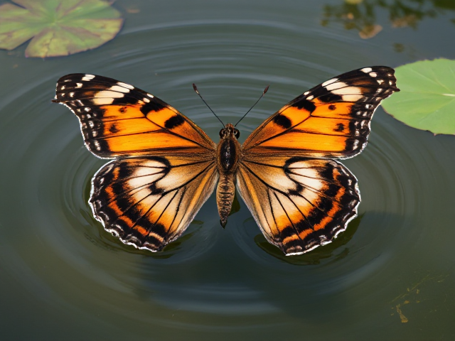 Female anthropomorphic tiger butterfly gracefully performing a swimming stroke in a serene pond, vivid colors, intricate patterns, detailed wings