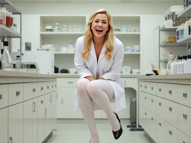 Surprised Beautiful blonde scientist woman in white pantyhose and black heels laughing hysterically in a laboratory with a huge smile
