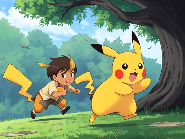 Un pikachu qui poursuit un garçon avec de cheveux longs et bruns ,à côté il y’a un garçon avec les cheveux courts et lisse qui lit un livre sur un arbre