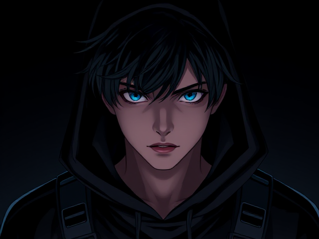 A young man with messy black hair and blue eyes wearing a tactical style black futuristic hoodie with it up in the dark shadow, anime