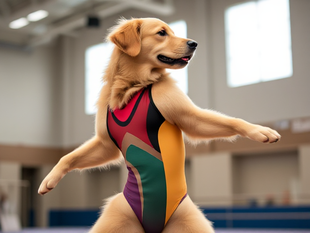 Anthropomorphic golden retriever wearing a colorful gymnastics leotard, performing in a gymnasium with dynamic poses, detailed fur and expression
