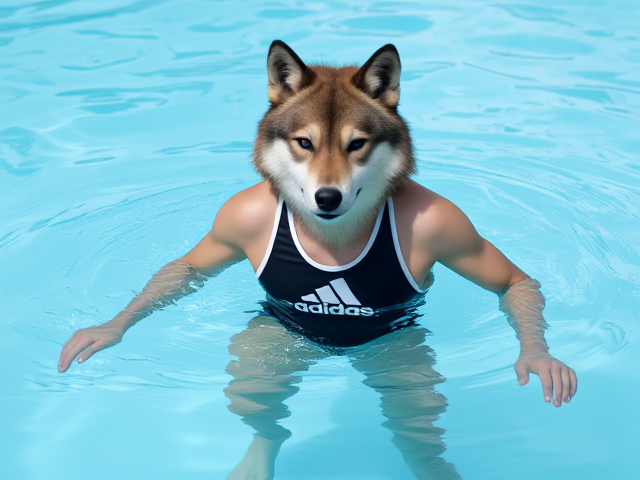 A anthropomorphic wolf wearing an adidas swimsuit in a swimming pool