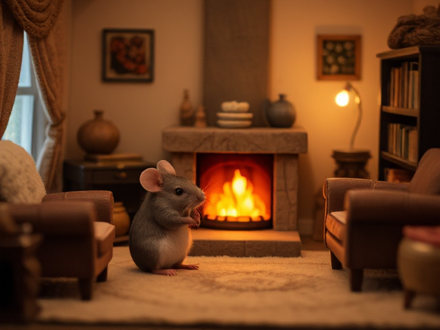 Mouse sitting in a cozy, warmly lit room with a small fireplace, surrounded by tiny furniture like a miniature armchair and bookshelf, decorated with soft textiles and warm colors