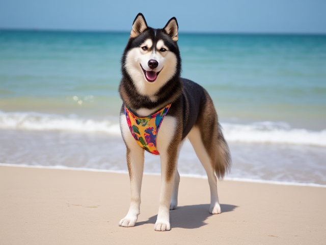 Anthropomorphic Alaskan malamute wearing a stylish, colorful swimsuit on a sunny beach, with the ocean in the background and playful waves lapping at the shore. The malamute is standing upright like a human, with expressive eyes and friendly demeanor