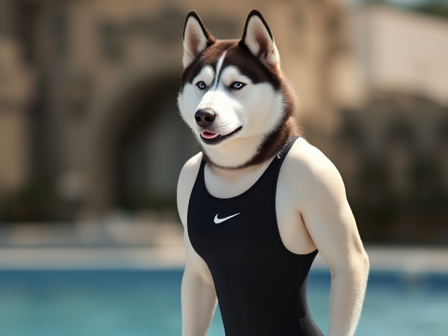 A Siberian Husky with a long torso and broad shoulders wearing a high cut Nike one piece swimsuit