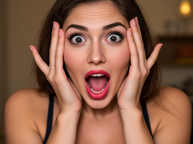 a sexy woman with hands on her face. eyes wide and mouth wide in surprise. wearing clothes. looking at the viewer. hi res/ photorealistic with bright vibrant colours.