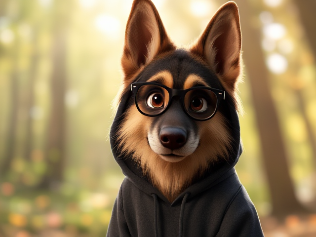 A anthropomorphic long-haired German shepherd wearing a hoodie, glasses, and leggings