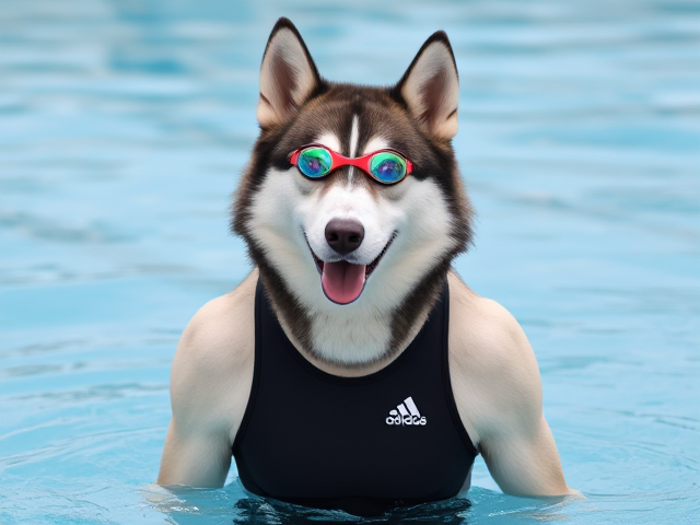 A anthropomorphic Siberian husky wearing an adidas swimsuit and swimming goggles