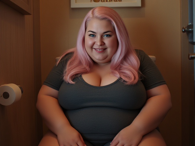 Images of A tall obese woman long light pink hair blue eyes  sitting on the toilet smiling