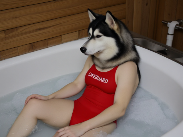 A anthropomorphic alaskan malamute wearing a red lifeguard one piece swimsuit sitting in a ice bath relaxing her sore muscles