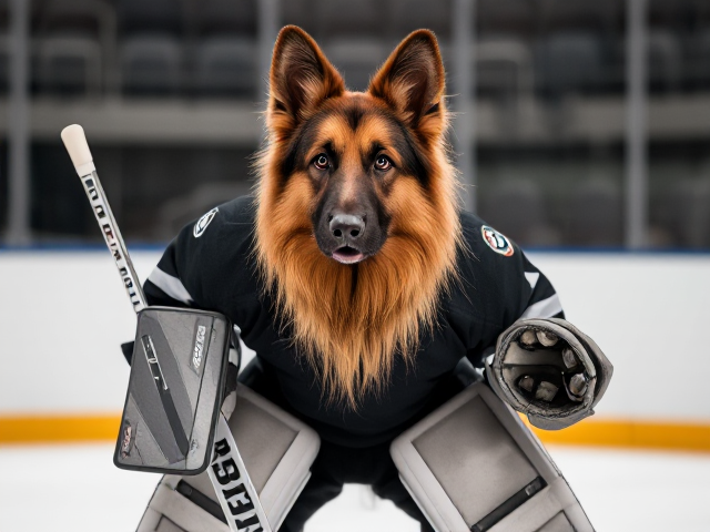 A anthropomorphic long haired German shepherd wearing hockey goalie pads glove and blocker