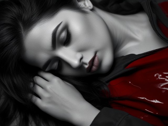 A stunning woman with long black hair and stitches on her forehead, sleeping in a jacket covered in red liquid, high contrast black and white photo, dramatic lighting, sharp details, shallow depth of field