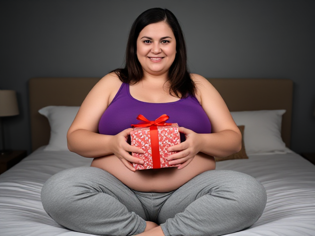 An obese woman 30 years old long dark brown hair blue eyes wearing grey sweatpants and a purple tank top smiling sitting on the bed with her belly out holding a Christmas present for Tim  realistic