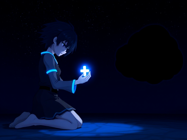 A kneeling anime character with blue rings and a radiant deep blue aura holding a glowing mini cross, illuminating it towards a dark black cloud on the right